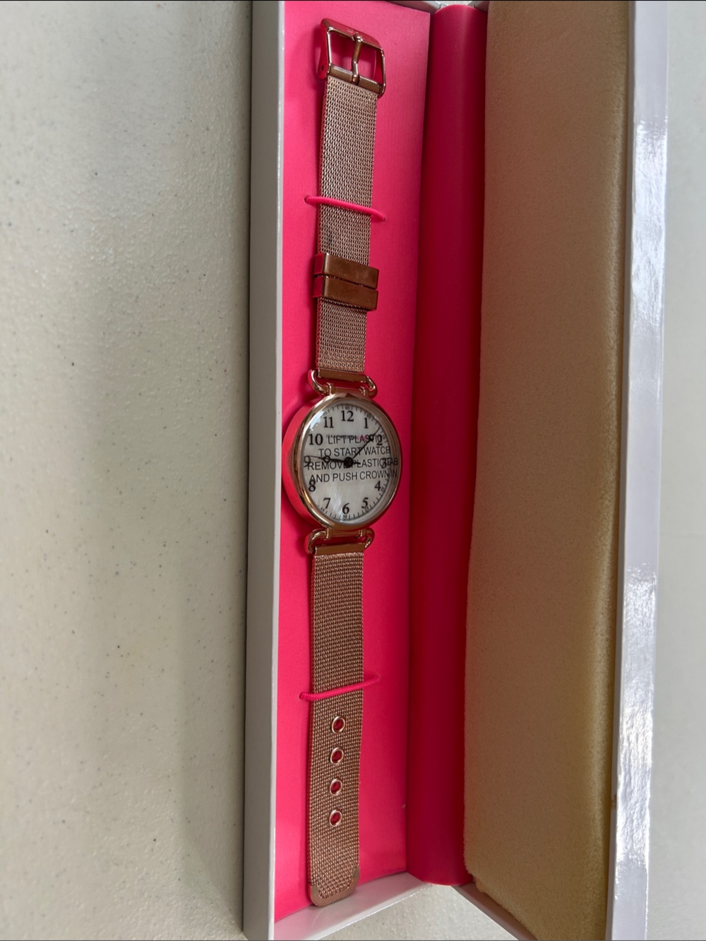 Isaac Mizrahi Rose Gold Tone Watch with Pale Pink Mesh Strap